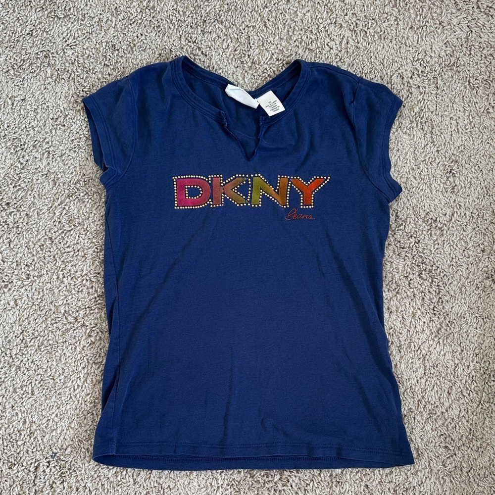 DKNY Women's Short Sleeve Tee in Navy with Multicolor Logo